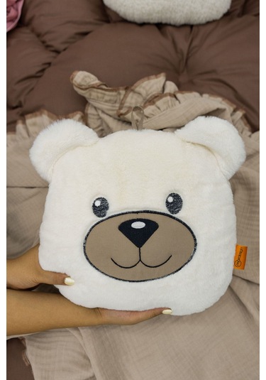 Mordesign Peluş Ayı Yastık, Sevimli Ayı Nakışlı Kırlent, Peluş Ayı Oyuncak, Bebek Yastık, Morbear Serisi Beyaz