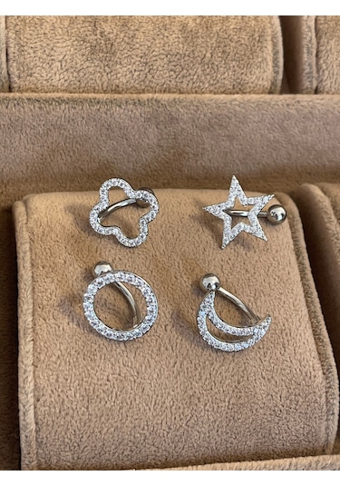 316 L Cerrahi Çelik Parlak Taşlı Yıldız Şeklinde Göbek Piercingi Gümüş