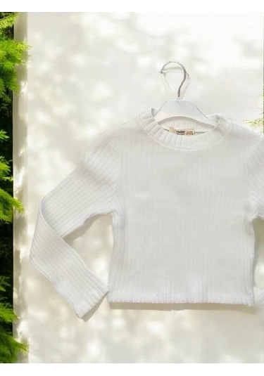 Kız Çocuk Kışlık Yuvarlak Yaka Fittili Basıc Kazak-14427 Beyaz