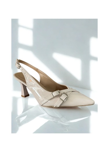 Bej Rugan Sivri Burun İnce Topuklu Kayışlı Stiletto Açık Bej