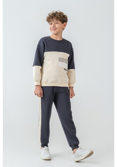 Erkek Çocuk Brooklyn Skat Clup Baskılı 3 İplik Kalın Kışlık Eşofman Takımı Ak4228 Füme