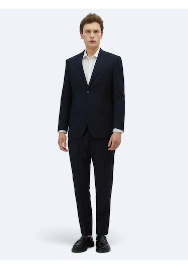 Lacivert Desenli Modern Fit Yün Karışımlı Takım Elbise Lacivert