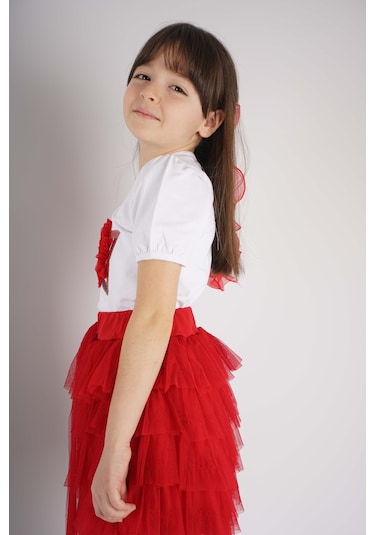 23 Nisan 29 Ekim Konsept Yıldız Detaylı Tül Detaylı Kat Kat Tütü Etekli Takım Kırmızı