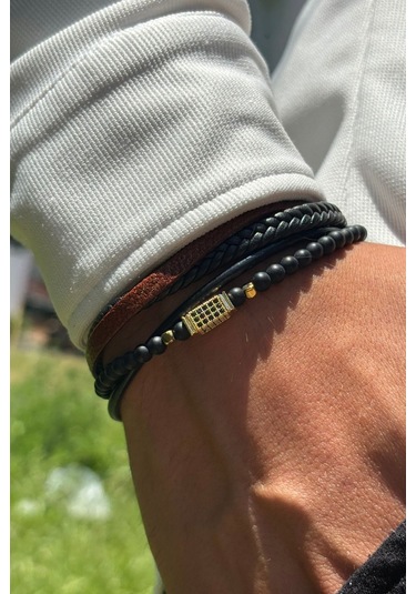 Taşlı Örgülü El İşçiliği İle Üretilmiş Hakiki Deri Erkek Bileklik Siyah - Altın