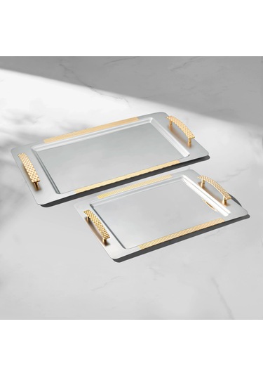 Nehir Sırma 2'li Altın Saten Çelik Tepsi Seti