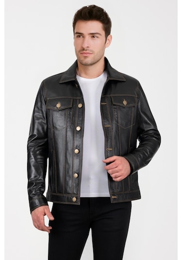 Derije Sanchez Hakiki Deri Erkek Siyah Kot Model Mont Siyah
