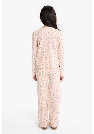 Defacto Kız Çocuk Pijama Takımı Fitilli Kaşkorse Kalp Desenli Uzun Kollu Üst Uzun Alt F7276a825aupn353 Pembe