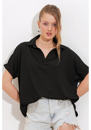 Bigdart Kadın Siyah Oversize Polo Yaka Örme Bluz 0486 001