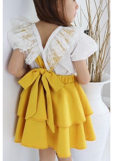Kız Çocuk Helen Sarı Askılı Kat Kat Bağlama Jile Elbise Dantel Detay Ekru Kısa Kollu Bluz İkili Takım