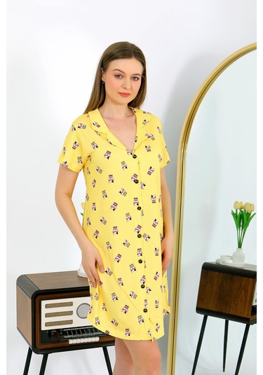 Akbeniz Kadın Pamuk Penye Kısa Kol Düğmeli Sarı Tunik Gecelik 13112 Sarı