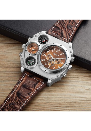 Erkek Askeri Sporlar Kuvars Bileği İzle İki Saat Dilimi Pusulası Ve Termometre Dekoratif Kadran Deri Kayış Serin Saat Kahverengi Koyu Kahverengi