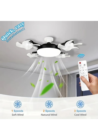 Boatshop1 Led Akıllı Tavan Fanı Lambası Siya Dört Fanlar E27 E26 Soket Uzaktan Kumanda 3 Hız Parlaklık Ayarlı Yatak Oturma Çalışma Odası