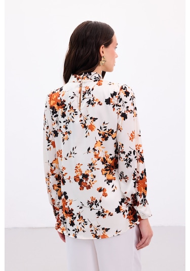 Sateen Dik Yaka Bluz - Oranj-136868 Oranj
