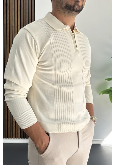 Erkek Çizgi Desenli Normal Kalıp Kazak Krem Edw422 Krem