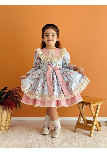 Mavi Çiçekli Önü Fiyonklu Vintage Elbise, Özel Dikim Çocuk Elbisesi, Doğum Günü Elbisesi,0-12 Yaşa Uygun Mavi