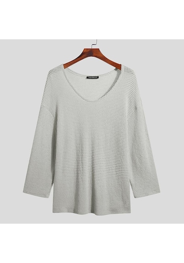 Açık Gri İncerun Bahar Erkek Uzun Kollu Salaş V Yaka Üstler Açık Gri