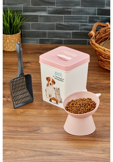 Evcil Hayvan Kedi Ve Köpek Mama Saklama Kabı & Mama Kabı Seti Kürek Hediyeli 3'lü Set - Pembe