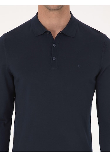 Cacharel Lacivert Slim Fit Yün Karışımlı Polo Yaka Basic Triko Kazak