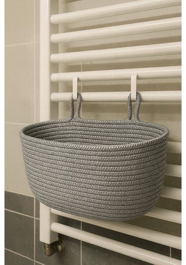 Dekoratif Askılı Banyo Sepeti 18 40 16 Cm Saklama Ve Düzenleyici Hasır Jüt Sepet Organizer El İşi Gri