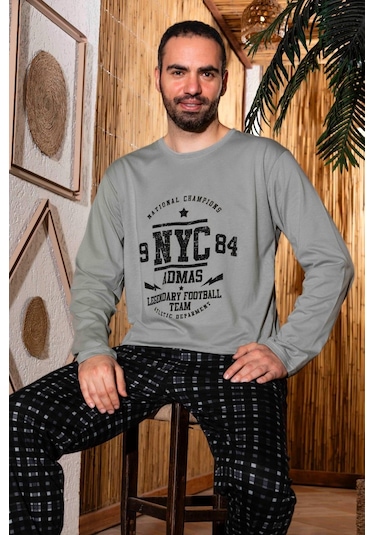 Erkek Penye Pamuk Regular Kalıp Sıfır Yaka Pijama Takımı A803123 - Gri