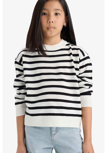 Defacto Kız Çocuk Standart Fit Bisiklet Yaka Çizgili Triko Kazak C6903a825aubk27 Siyah