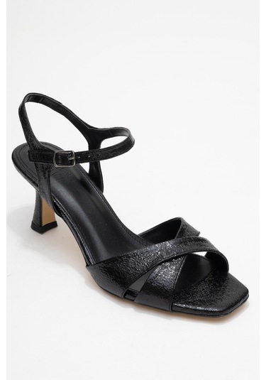Melin Siyah Desenli Çapraz Bantlı Kadın Topuklu Ayakkabı Siyah Yılan