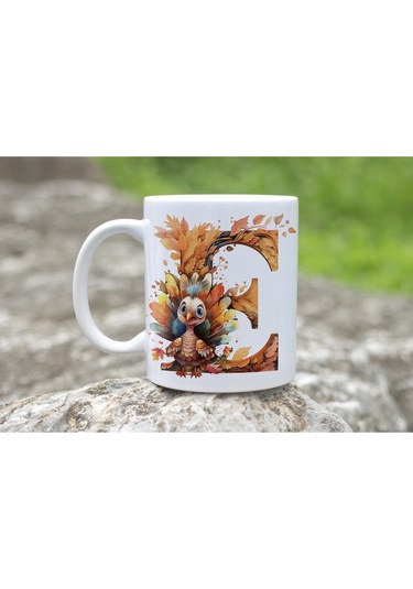 E Harf Sonbahar Yaprak Temalı Kupa Bardak - Sevimli Figürler İle Alfabe Harfli Bardak - Kişiye Özel Beyaz
