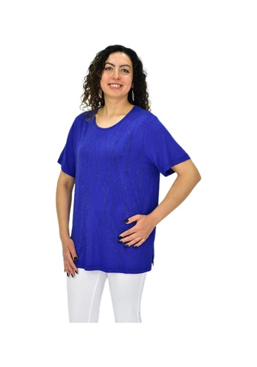 Kadın Viskon Taşlı Kısa Kol Bluz Bgl-st04679 Saks Mavi
