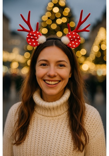 Yılbaşı Geyik Boynuzlu Puf Tüylü Kırmızı Puantiyeli Saç Bandı Yetişkin Kadın Parti Taç Aksesuar