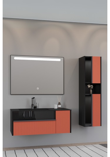 Sable 100 Cm Siyah Lavabolu Banyo Dolabı - Siyah Kiremit (boy Dolap Dahil) Kiremit - Siyah