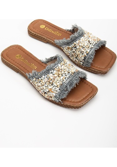 Kadın Düz Topuklu Terlik Gri Taşlı Püsküllü Kalın Tekbant-3924 Gri