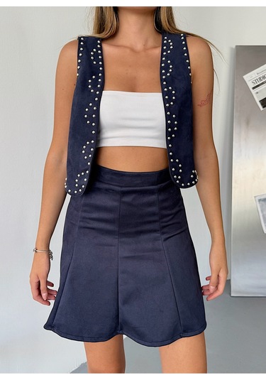 Kadın Suni Süet A Kesim Esnek Mini Etek Lacivert