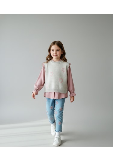 Kalp Desenli Yelekli Üçlü Takım Kız Çocuk Pembe