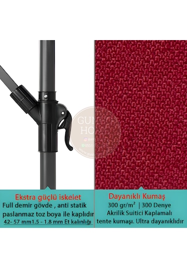 Gunbo Home 3 Mt 8 Kaburga Full Demir 21 Kg Bordo Bahçe Şemsiyes