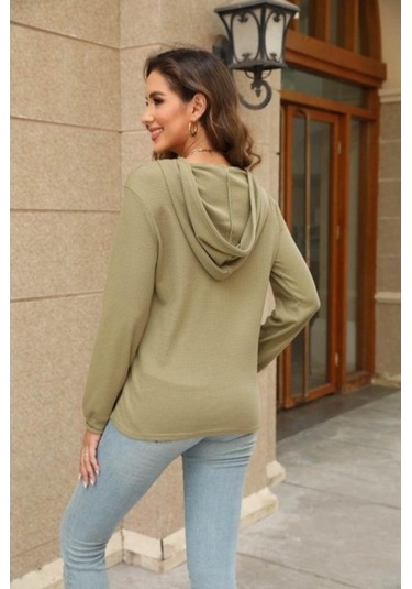 Novahub İlkbahar/sonbahar Kadın Kapşonlu Sweatshirt - Waffle Kravat - Uzun Kollu - Mavi Boy: S, M, L, Xl, Xxl Mavi