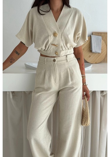 Düğme Detaylı İkili Takım Krem Krem