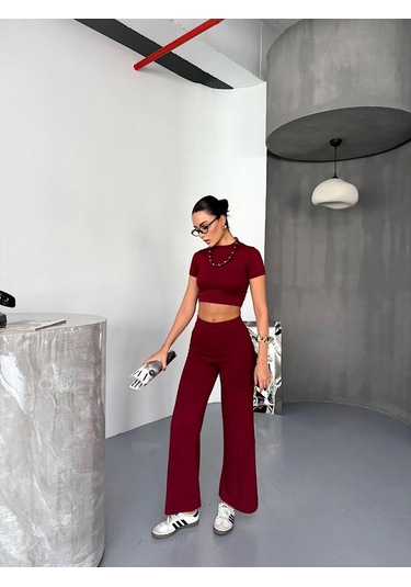 Osy Modal Yumuşak Dokulu Kumaş Kısa Kollu Crop Alt İspanyol Paça Pantalon İkili Takım - Bordo Çok Renkli