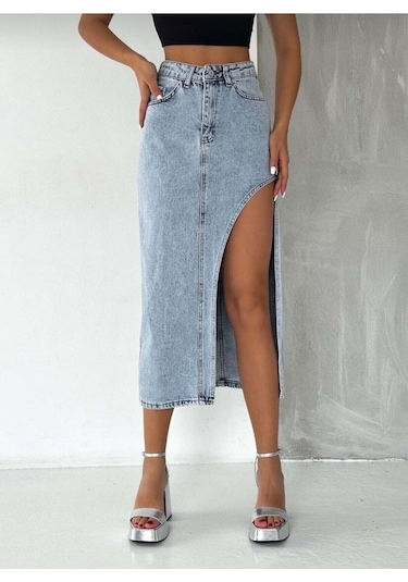 Pass&Pass 2094 Kadın Likrasız Yandan Yırtmaçlı Jeans Kot Denim Etek Beyaz