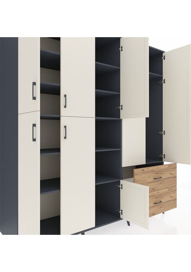 Kronos Dolap 12 Raflı 2 Çekmeceli Tek Askılı 220x59x243 Antrasit-aytaşı/çam Aytası/atlas Çam
