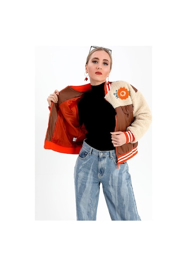 Beli Lastikli Nakışlı Derili Peluş Ceket Mont - Taba-taba Taba