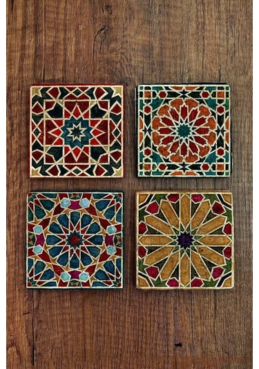 Geometrik Desen Baskılı Doğal Taş Bardak Altlığı 4'lü Set 10x10cm - Stone Coasters Çok Renkli