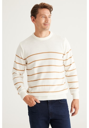AC&Co / Altınyıldız Classics Erkek Ekru Karamel Standart Fit Normal Kesim Bisiklet Yaka Çizgili Triko Ekru
