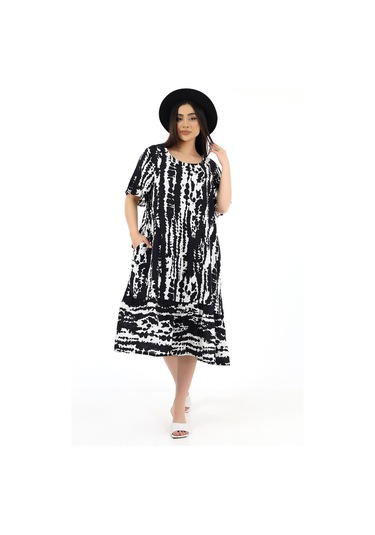 Schık Kadın Viskon Yarım Kol O Yaka Cepli Fırfırlı Elbise Siyah Siyah