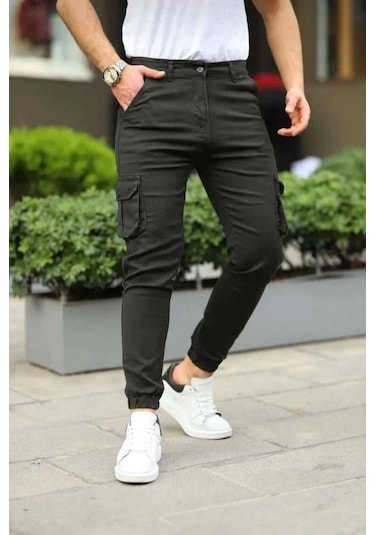Erkek Körüklü Cep Ve Paça Ribana Detaylı Haki Keten Kargo Pantolon Haki