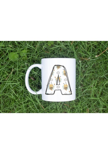 A Harfi Arı Desenli Kupa - Sevimli Hayvan Temalı Kişiye Özel Kahve Kupası - Şans Kupası Beyaz