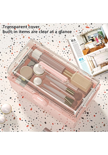 Sones Kozmetik Saklama Kutusu Plastik Anti-toz Şeffaf Masaüstü İlaç Kutusu L Pembe