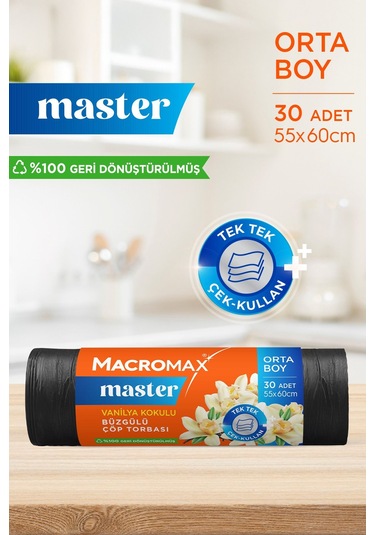 Master Büzgülü Çöp Torbası Orta Boy 55x60cm Vanilya Kokulu 30 Adet Süper Ekonomik Paket