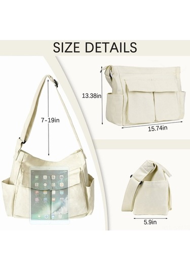Xianwen Büyük Tuval Messenger Çantası Çok Cepli Hobo Çapraz Beyaz