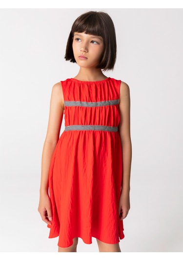 Sheshe Büzgülü Kırmızı Kolsuz Kız Çocuk Elbise Renkli