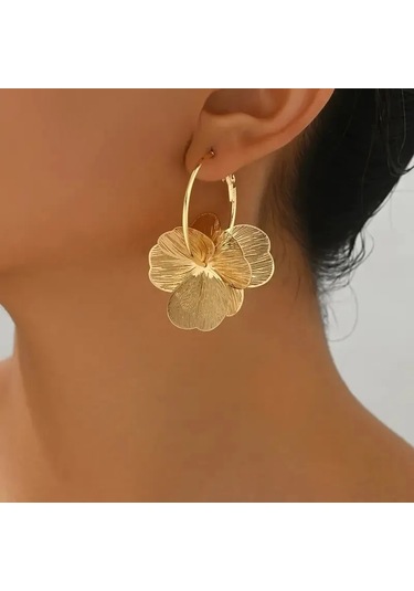 Altın Çift Katmanlı Hollow Çiçek Halka Küpe Kadınlar İçin Altın